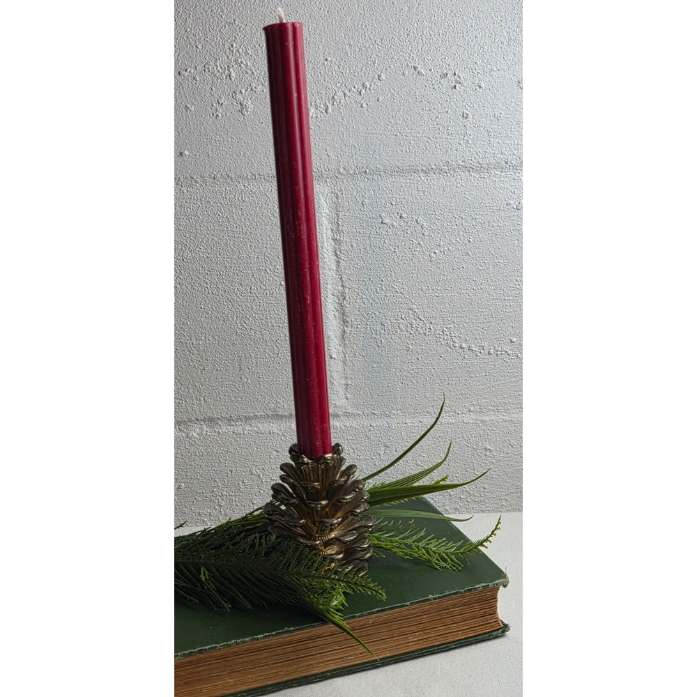 Vintage 1996 Enesco Gold Pinecone Taper Candle Holder Rustic Holiday Decor